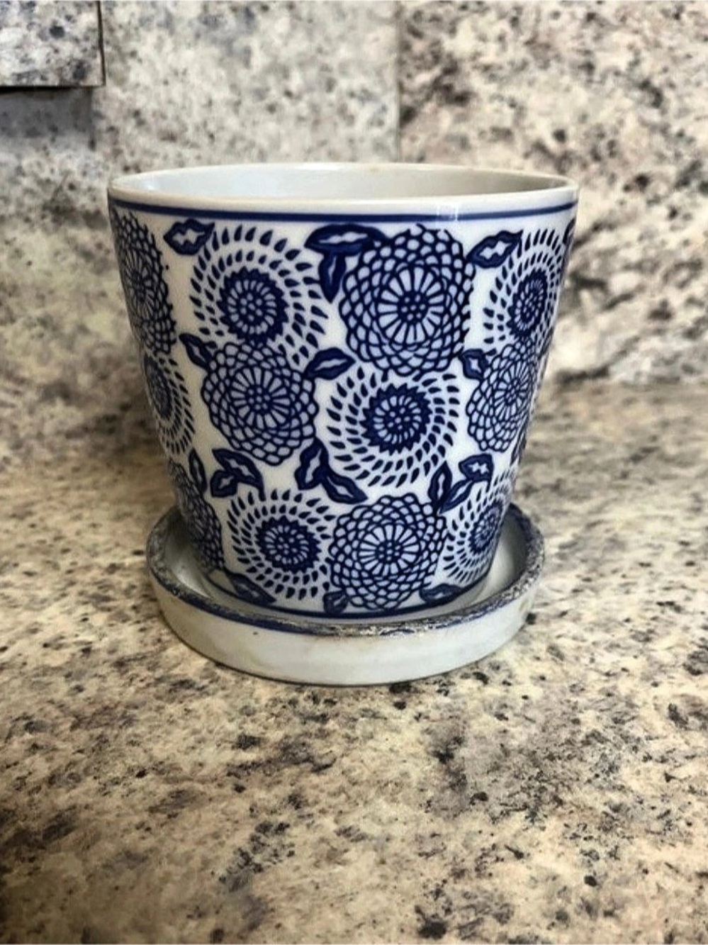 Blue & White Floral Planter with Saucer